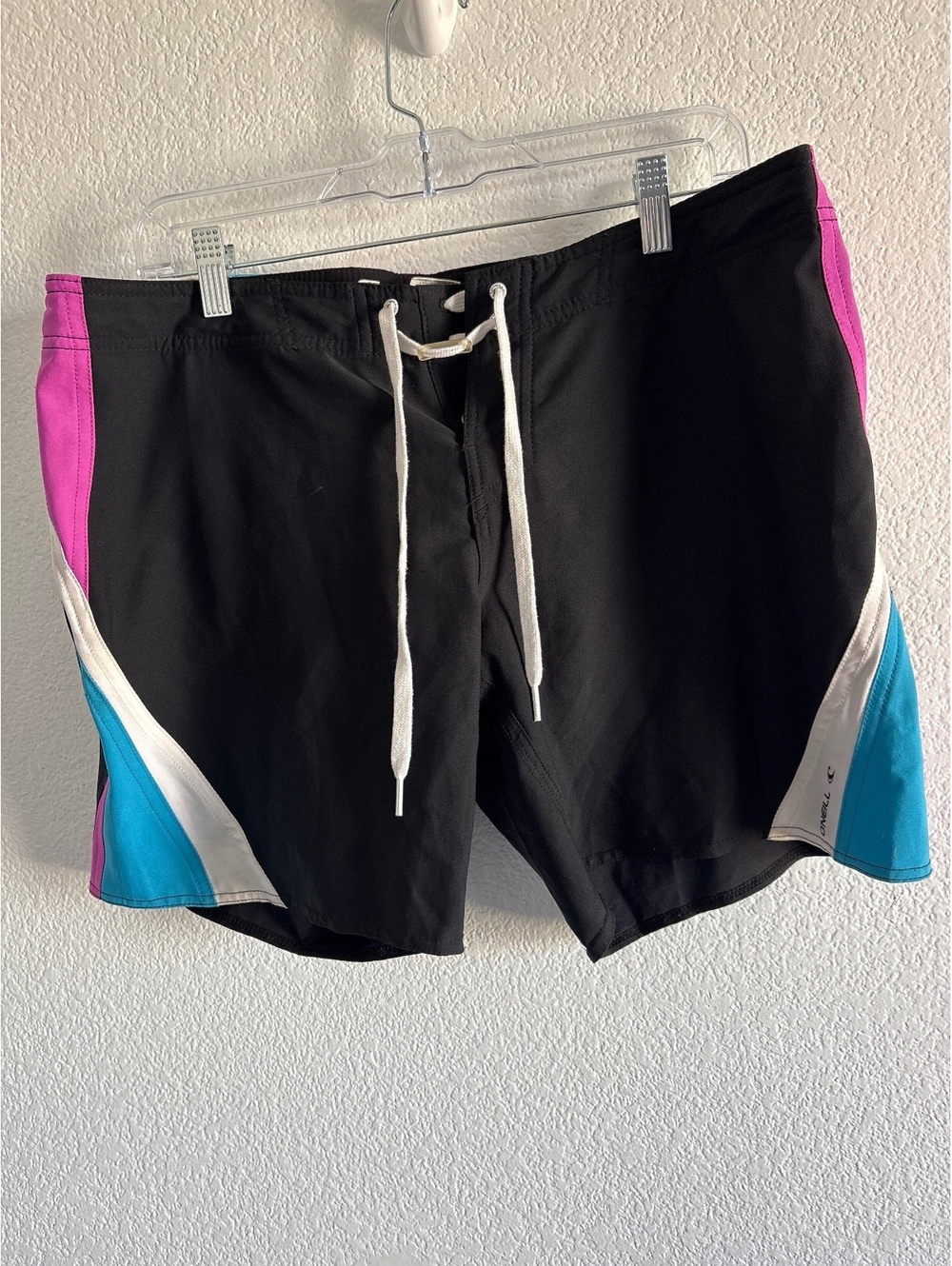 O'Neill Superfreak Black, Pink, and Blue Swim Trunks with Drawstring Waist